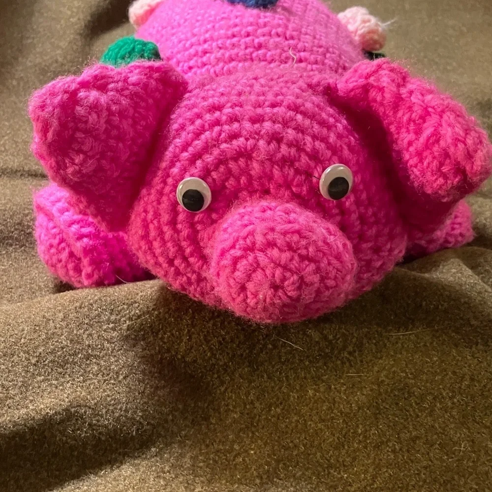 Hand knit bubblegum Pink pig with google eyes